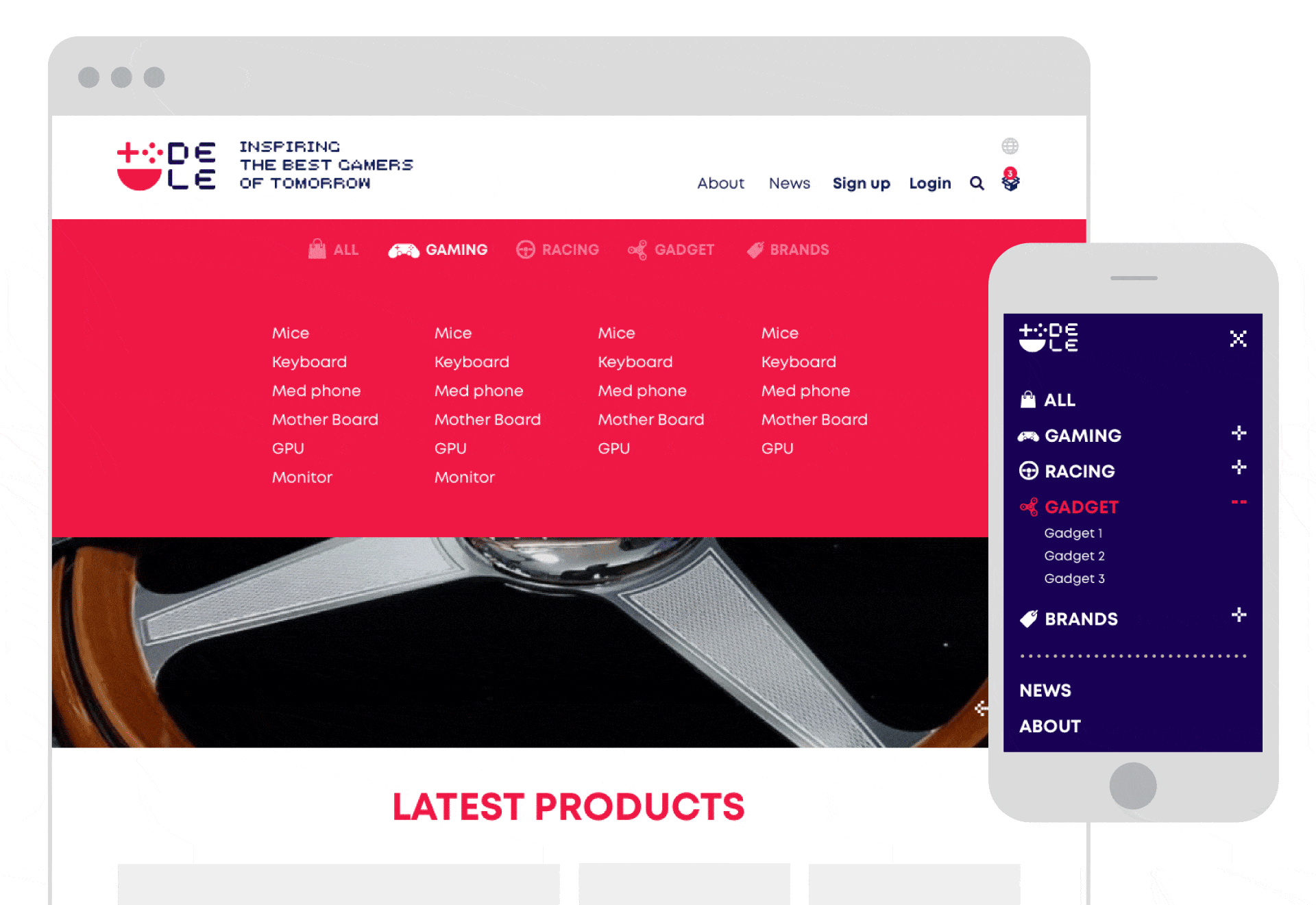 DELE - Gaming Accessory Retailer - Branding, Identity Design, Illustration, UI/UX design and print
