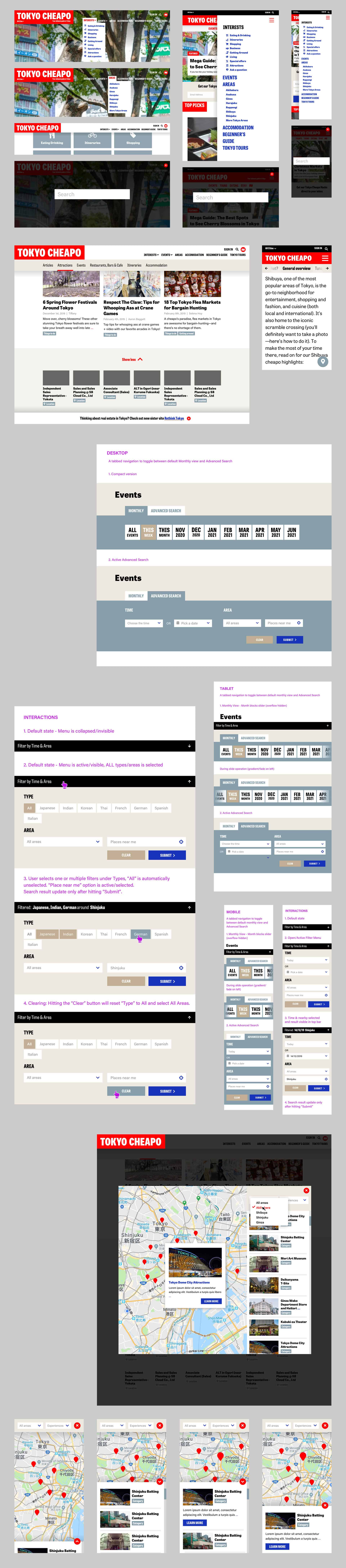UI design interaction mockups, such as responsive header menus, on-page anchor navigation, events filtering, content type filtering (e.g. restaurants) and a places map feature.