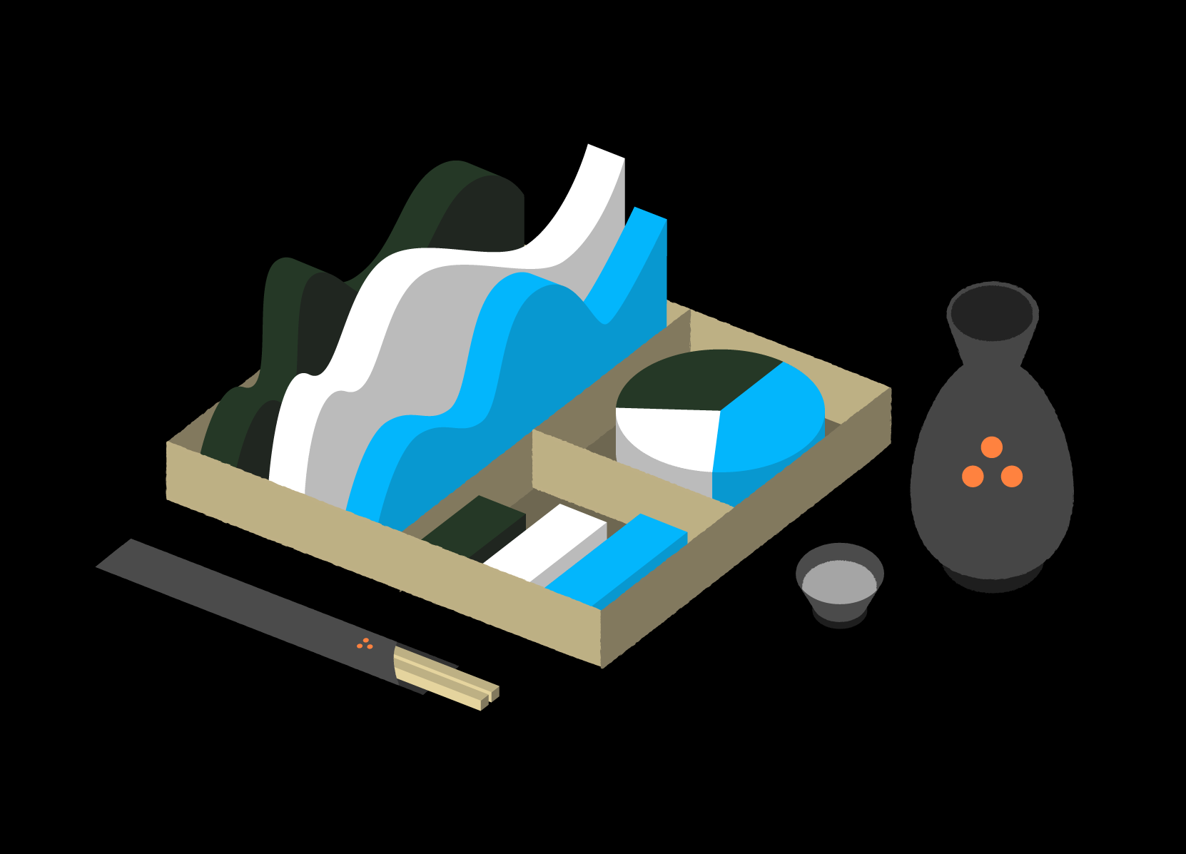 Asial - Custom Illustrations - Finance Industry page: A Japanese style Bento box (lunch box) is filled delicious 3D financial & stock charts.